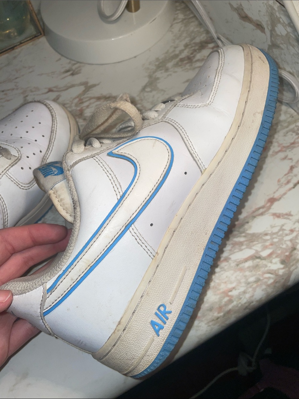 Nike AF1 ‘07 White Sneakers with Blue Swoosh and Blue Outsole
